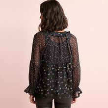 Load image into Gallery viewer, Black Floral Long Sleeve V-Neck Sheer Blouse with Lace Trim Detail