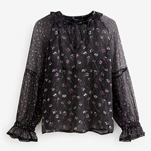 Load image into Gallery viewer, Black Floral Long Sleeve V-Neck Sheer Blouse with Lace Trim Detail