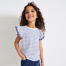 Load image into Gallery viewer, White/Blue Stripes Broderie Frill Sleeve T-Shirt (3-12yrs)
