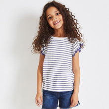 Load image into Gallery viewer, White/Blue Stripes Broderie Frill Sleeve T-Shirt (3-12yrs)