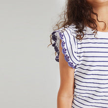 Load image into Gallery viewer, White/Blue Stripes Broderie Frill Sleeve T-Shirt (3-12yrs)