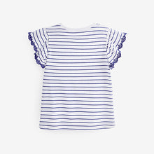 Load image into Gallery viewer, White/Blue Stripes Broderie Frill Sleeve T-Shirt (3-12yrs)