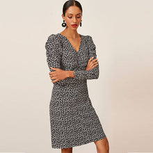 Load image into Gallery viewer, Black Ditsy Long Sleeve Ruched Mini Dress
