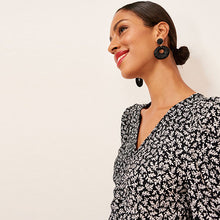 Load image into Gallery viewer, Black Ditsy Long Sleeve Ruched Mini Dress