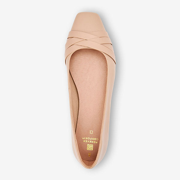 Nude Forever Comfort Leather Square Toe Ballerina Shoes