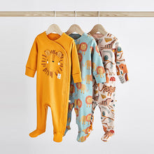 Load image into Gallery viewer, Rust/Brown Lion Print Baby Sleepsuits 3 Pack (0-2yrs)