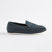 Load image into Gallery viewer, Navy Blue Woven Detail Contrast Sole Loafers (Older Boys)