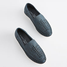 Load image into Gallery viewer, Navy Blue Woven Detail Contrast Sole Loafers (Older Boys)