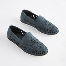 Load image into Gallery viewer, Navy Blue Woven Detail Contrast Sole Loafers (Older Boys)