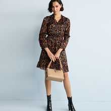 Load image into Gallery viewer, Black/Brown Floral Printed Chiffon Shirred Waist Ruffle Mini Dress