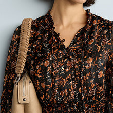 Load image into Gallery viewer, Black/Brown Floral Printed Chiffon Shirred Waist Ruffle Mini Dress