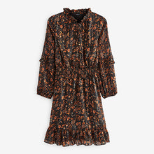 Load image into Gallery viewer, Black/Brown Floral Printed Chiffon Shirred Waist Ruffle Mini Dress