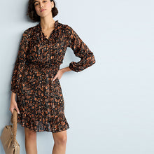 Load image into Gallery viewer, Black/Brown Floral Printed Chiffon Shirred Waist Ruffle Mini Dress