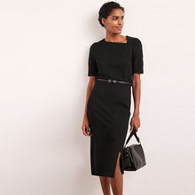 Load image into Gallery viewer, Black Tailored Ponte Belted Midi Dress