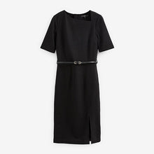 Load image into Gallery viewer, Black Tailored Ponte Belted Midi Dress