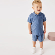 Load image into Gallery viewer, Blue Short Sleeve Jersey Zip Neck Polo Shirt And Shorts Set (3mths-6yrs)