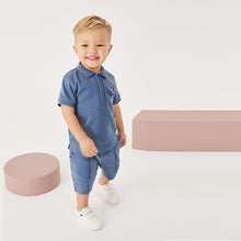 Load image into Gallery viewer, Blue Short Sleeve Jersey Zip Neck Polo Shirt And Shorts Set (3mths-6yrs)