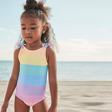 Load image into Gallery viewer, Multi Rainbow Stripe Tie Shoulder Swimsuit (3mths-5yrs)