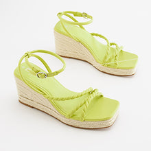 Load image into Gallery viewer, Lime Green Forever Comfort® Twist Strap Detail Square Toe Wedge Sandals