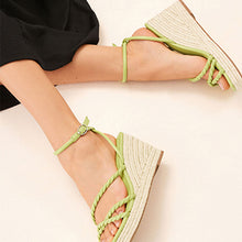 Load image into Gallery viewer, Lime Green Forever Comfort® Twist Strap Detail Square Toe Wedge Sandals