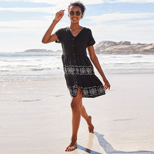 Load image into Gallery viewer, Black Embroidery Detail Linen Blend Tiered Mini Dress