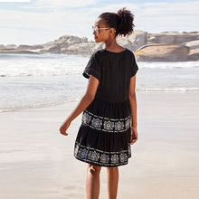 Load image into Gallery viewer, Black Embroidery Detail Linen Blend Tiered Mini Dress