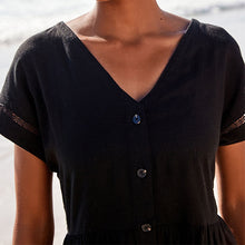 Load image into Gallery viewer, Black Embroidery Detail Linen Blend Tiered Mini Dress