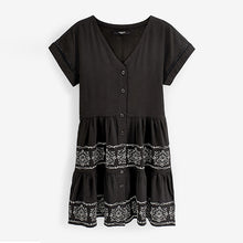 Load image into Gallery viewer, Black Embroidery Detail Linen Blend Tiered Mini Dress