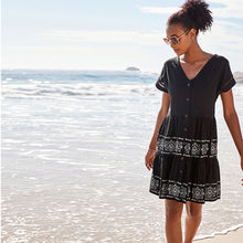 Load image into Gallery viewer, Black Embroidery Detail Linen Blend Tiered Mini Dress