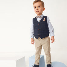 Load image into Gallery viewer, Navy Blue Check Waistcoat Set With Shirt & Bow Tie (3mths-6yrs)