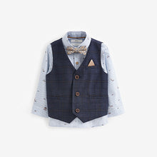 Load image into Gallery viewer, Navy Blue Check Waistcoat Set With Shirt & Bow Tie (3mths-6yrs)