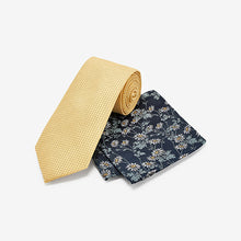 Load image into Gallery viewer, Yellow/Blue Navy Floral Silk Tie And Pocket Square Set