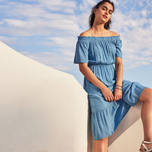 Load image into Gallery viewer, Blue Off Shoulder Midi Summer Dress