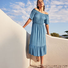 Load image into Gallery viewer, Blue Off Shoulder Midi Summer Dress