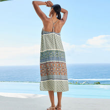 Load image into Gallery viewer, Blue Woodblock Racer Back V-Neck Midi Slip Summer Dress