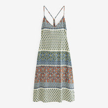 Load image into Gallery viewer, Blue Woodblock Racer Back V-Neck Midi Slip Summer Dress