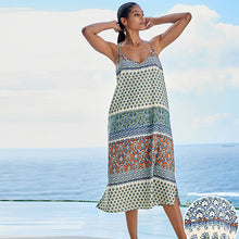 Load image into Gallery viewer, Blue Woodblock Racer Back V-Neck Midi Slip Summer Dress