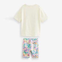 Load image into Gallery viewer, Ecru Cream/Pink Floral Print T-Shirt And Cycling Shorts Set (3-12yrs)