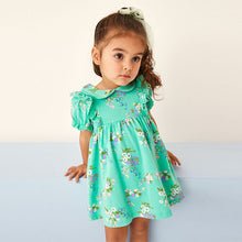 Load image into Gallery viewer, Green Floral Peter Pan Collar Puff Sleeve Cotton Jersey Dress (3mths-6yrs)