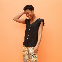 Load image into Gallery viewer, Black Linen Blend Ruffle Sleeve Top