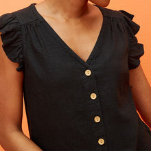 Load image into Gallery viewer, Black Linen Blend Ruffle Sleeve Top
