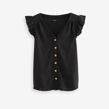 Load image into Gallery viewer, Black Linen Blend Ruffle Sleeve Top