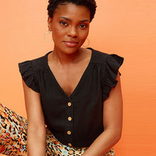 Load image into Gallery viewer, Black Linen Blend Ruffle Sleeve Top