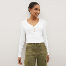 Load image into Gallery viewer, White Long Sleeve Ribbed Henley Button Top