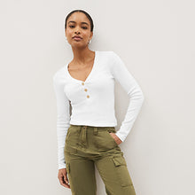 Load image into Gallery viewer, White Long Sleeve Ribbed Henley Button Top