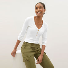 Load image into Gallery viewer, White Long Sleeve Ribbed Henley Button Top