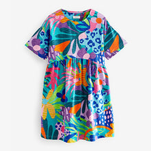 Load image into Gallery viewer, Bright Tropical Print Short Sleeve Jersey Dress (3-12yrs)
