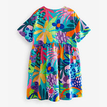 Load image into Gallery viewer, Bright Tropical Print Short Sleeve Jersey Dress (3-12yrs)