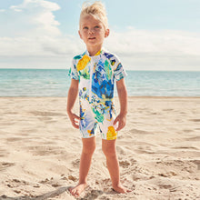 Load image into Gallery viewer, Blue /Ecru White Floral Sunsafe Swim Suit (3mths-5yrs)