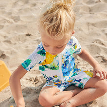 Load image into Gallery viewer, Blue /Ecru White Floral Sunsafe Swim Suit (3mths-5yrs)